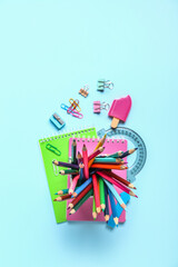 School stationery on blue background
