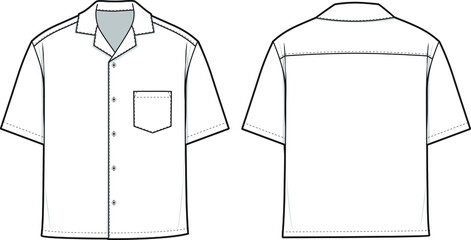 Camp Button Shirt Short Sleeve Flat Technical Drawing Illustration Blank Mock-up Template for Design and Tech Packs CAD Technical Sketch