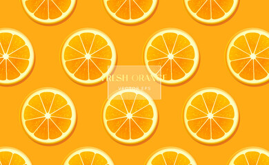 Orange slices on orange background. Vector summer  pattern from citrus pieces