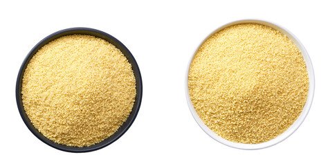 organic dry couscous in a ceramic plate isolated on white background top view.