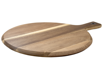 Food preparation tool, pizza platter and kitchen utensil concept with close-up on disk shaped wood chopping board with round corners isolated on white at an angle perspective with clipping path cutout