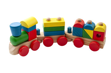 Vintage toy train model made of blocks in many shapes isolated on white background with a clipping path cutout concept for childhood development, minimalist nostalgic toys and educational play time - 517090224
