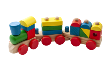 Vintage toy train model made of blocks in many shapes isolated on white background with a clipping path cutout concept for childhood development, minimalist nostalgic toys and educational play time