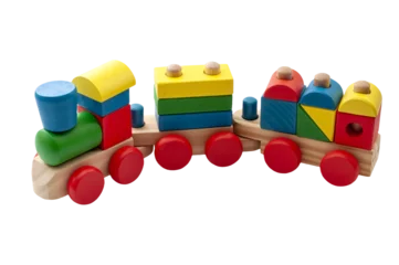 Foto op Canvas Vintage toy train model made of blocks in many shapes isolated on white background with a clipping path cutout concept for childhood development, minimalist nostalgic toys and educational play time © Victor Moussa
