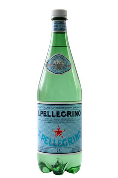 Croydon, UK - February 17, 2022: Sulfur rich 1L plastic bottle of San Pellegrino sparkling mineral water isolated on white background with clipping path cutout