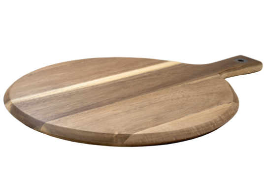 Food preparation tool, pizza platter and kitchen utensil concept with close-up on disk shaped wood chopping board with round corners isolated on white at an angle perspective with clipping path cutout