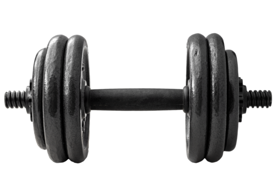 Heavy steel dumbbell isolate on white background with clipping path cut out concept for resistance training routine, physical strength increase, fitness improvement and muscle building exercises