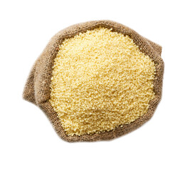 organic couscous in sack isolated on white background top view.