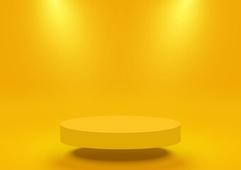 Empty yellow circle pedestal for product displays, sale product with spotlights, design float isolated on yellow background. Vector illustration.