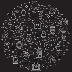 Simple Set of Pottery Related Vector Line Illustration. Contains such Icons as Bowl, Plate, fireplace, ceramics, vase, clay, mug and Other Elements.