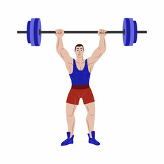 Fototapeta na wymiar The man raised the barbell above his head and holds it at arm's length. Vector flat illustration isolated on a white background.