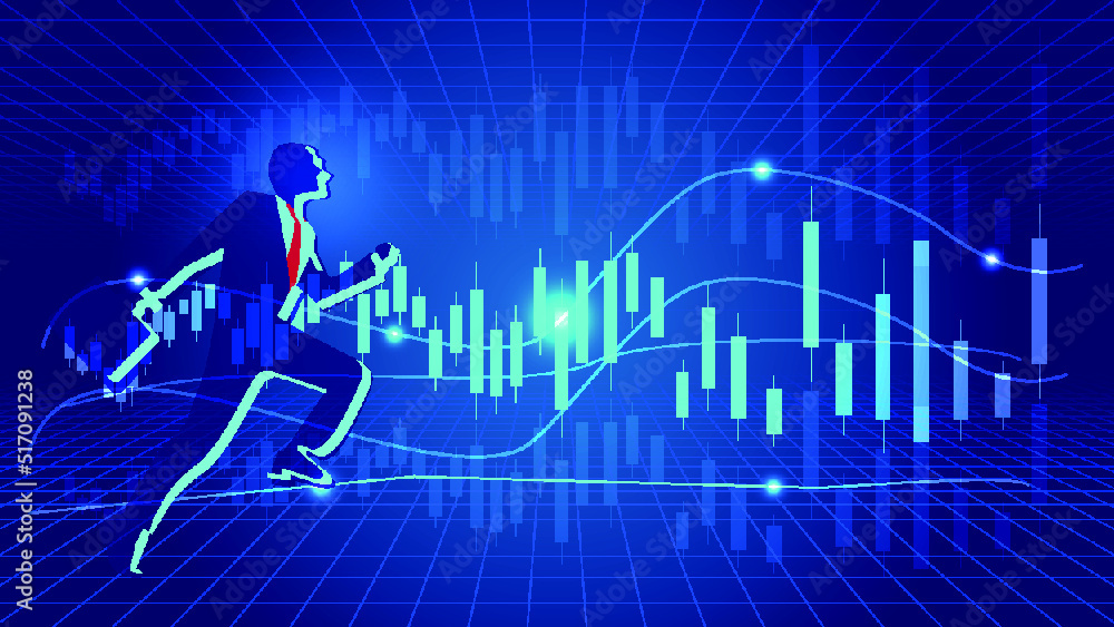 Poster business man running on financial curve graph background