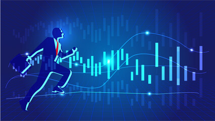 Business man running on financial curve graph background