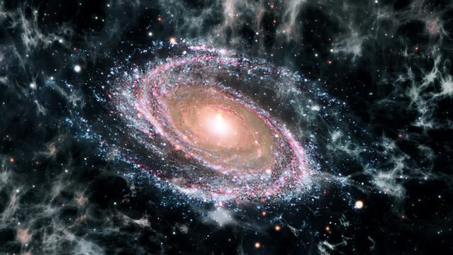 Space Interstellar  travel universe to the M81 Spiral cloud Galaxy. Messier 81 is the largest galaxy in the M81 Group. 4K 3D Outer Space exploration abstract background concept. 