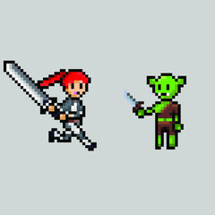 pixel art style, old videogames style, retro style 18 bit female swordman attack knife goblin vector