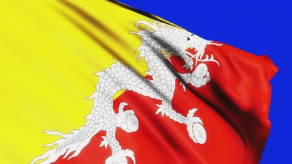 Loop  of Butan flag waving in wind on blue screen texture background . Bhutan flag video waving in wind