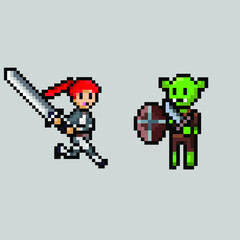 pixel art style, old videogames style, retro style 18 bit female swordman attack shield goblin vector