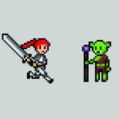 pixel art style, old videogames style, retro style 18 bit female swordman attack mage goblin vector
