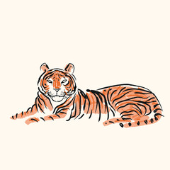 Tiger lay down rough hand drawn animal character vector illustration. Isolated on white background.