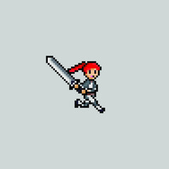 pixel art style, old videogames style, retro style 18 bit female swordman swing one handed sword vector