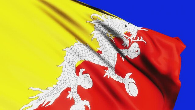 Loop of Butan flag waving in wind on blue screen texture background . Bhutan flag video waving in wind