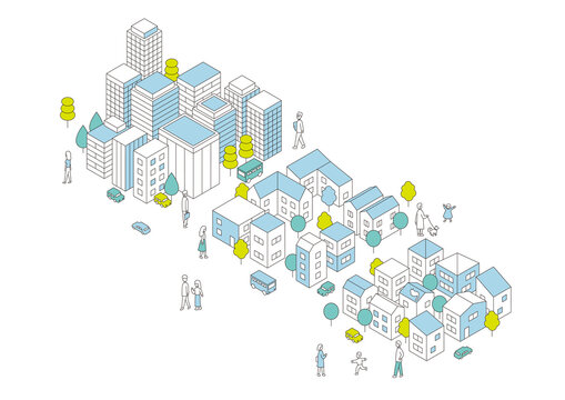 オフィス街と住宅街のシンプルなアイソメトリック図　ベクターイラスト
