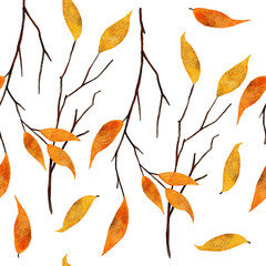 Naklejka premium Seamless watercolor hand drawn pattern with yellow orange leaves thin tree branches. Fall autumn september october background. Elegant fabric print on white .