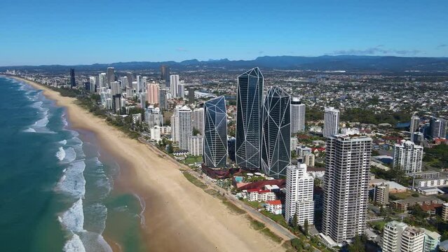 Aerial drone view of the iconic Gold Coast Beach at Surfers Paradise on the Gold Coast of Queensland, Australia on a sunny day 