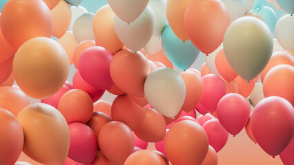 Coral, Orange and Turquoise Balloons Rising in the Air. Youthful, Carnival Wallpaper.