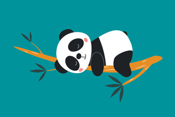 Cute Panda Sleeping on the Tree Branch, Isolated on White, Vector Icon. Flat Cartoon Illustration, Clipart.