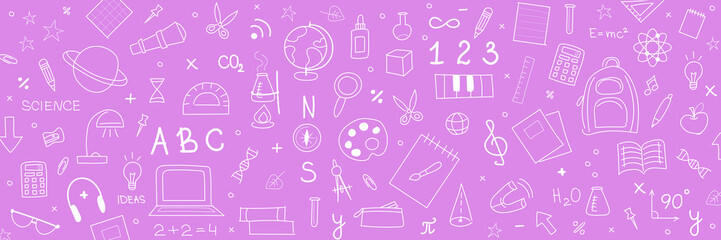 Many different drawings on color background. Back to school