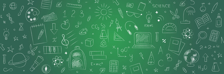 Many different drawings on color background. Back to school