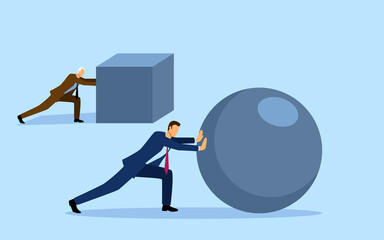 Younger businessman pushing a sphere leading the race against older businessmen pushing box