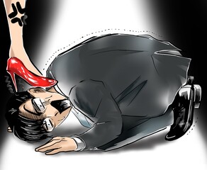 イケメンメガネ会社員土下座謝罪するも赤いハイヒールで踏まれ青ざめるカラー漫画イラスト