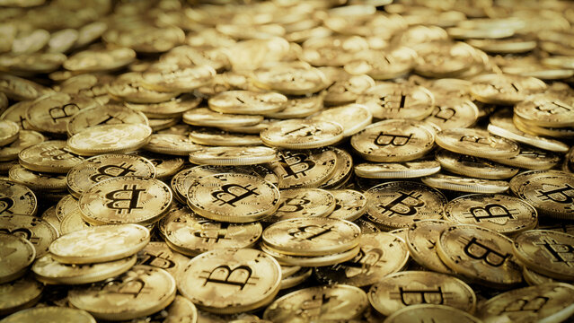 Bitcoin Cryptocurrency represented as Gold Coins. Blockchain Money Wallpaper. 3D Render.