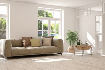 White living room with sofa and summer landscape in window. Scandinavian interior design. 3D illustration