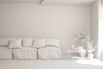 White minimalist living room with sofa. Scandinavian interior design. 3D illustration