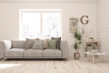 White living room with sofa and winter landscape in window. Scandinavian interior design. 3D illustration