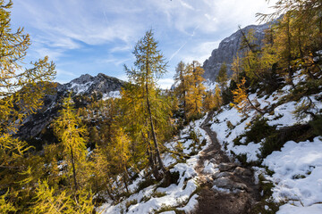 Fototapeta na wymiar Alpine Trail to Slemenova Spica Autumn Winter Time in Julian Alps Slovenia