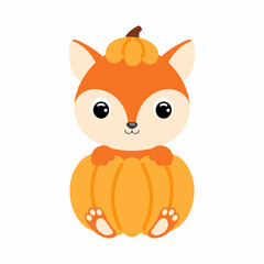 Cute little fox sitting in a pumpkin. Cartoon animal character for kids t-shirts, nursery decoration, baby shower, greeting card, invitation. Vector stock illustration
