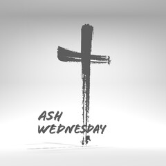 Grunge style christian cross for Ash Wednesday web banner or social graphic. The first day of Lent is a holy day of prayer and fasting. 3D render