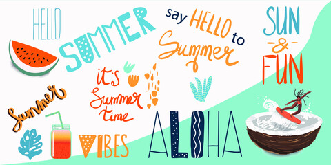 Lettering, hand drawn tags and elements for summer vacation, travel, beach holiday, sun. 