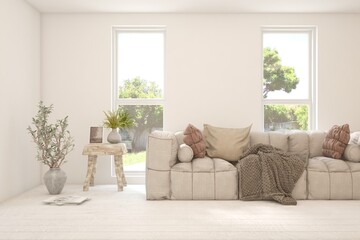 White living room with sofa and summer landscape in window. Scandinavian interior design. 3D illustration