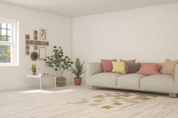 White living room with sofa. Scandinavian interior design. 3D illustration