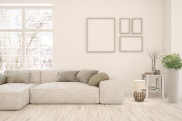 White living room with sofa and winter landscape in window. Scandinavian interior design. 3D illustration