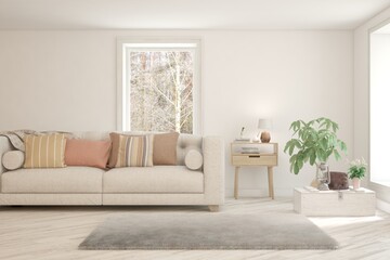 White living room with sofa. Scandinavian interior design. 3D illustration