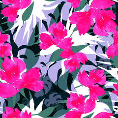 Abstract jungle print, seamless tropical pattern, pink watercolor flowers and tropical leaves