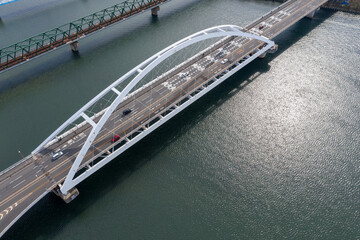 Japanese Arch Bridge towards Osaka City, Aerial View