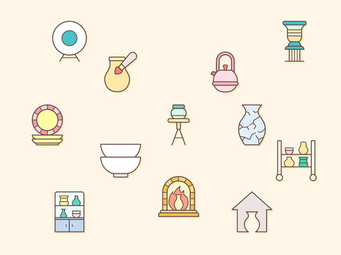 Vector illustration of a Pottery elements. Contains such as Bowl, Plate, fireplace, ceramics, vase, clay, mug and more. Flat illustration style line drawing and background