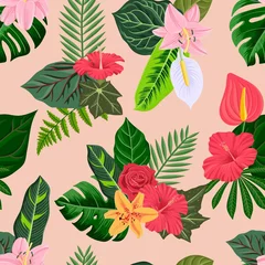 Selbstklebende Fototapeten vector drawing tropical pattern with green leaves and flowers, floral composition, exotic seamles background, jungle hand drawn illustration © cat_arch_angel